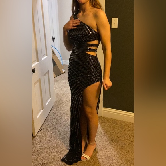 Black one shoulder sequin formal prom dress with side cut outs and a slit - Picture 3 of 5